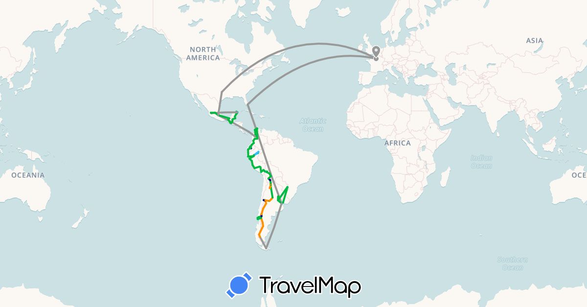TravelMap itinerary: driving, bus, plane, boat, hitchhiking in Argentina, Bolivia, Belize, Chile, Colombia, Ecuador, France, Guatemala, Mexico, Panama, Peru, Paraguay, United States, Uruguay (Europe, North America, South America)